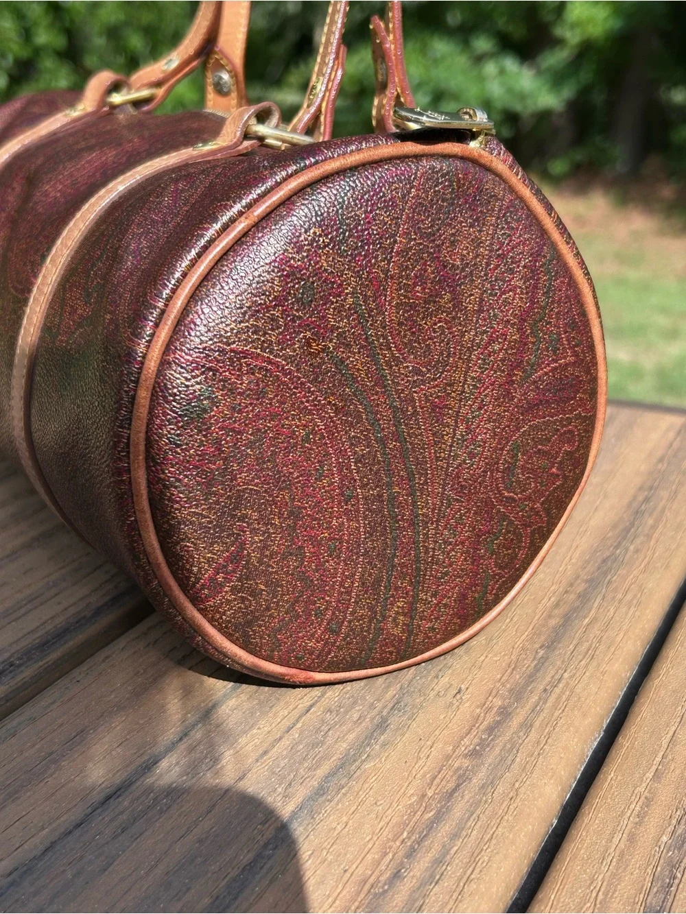 Etro Bordeaux Paisley Barrel Bag Coated Canvas Leather Trim Vintage Y2K Italy